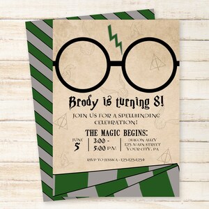 May include: A Harry Potter themed birthday party invitation with a green and gray striped background. The invitation features a pair of round glasses with a lightning bolt on the bridge of the glasses. The text on the invitation reads "Brody is turning 8!" and "Join us for a spellbinding celebration!" The invitation also includes the date, time, and location of the party.
