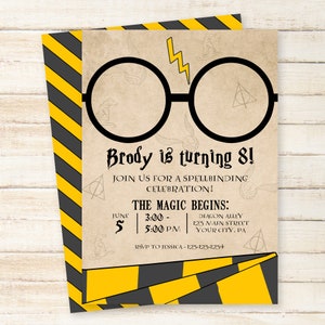May include: A Harry Potter themed birthday invitation with a black and yellow striped border. The invitation features a pair of round glasses with a lightning bolt and the text "Brody is turning 8!"  The invitation also includes the text "Join us for a spellbinding celebration!" and "The magic begins: June 5 | 3:00 - 5:00 PM | Diagon Alley 123 Main Street Your City, PA RSVP to Jessica - 123-123-1234".