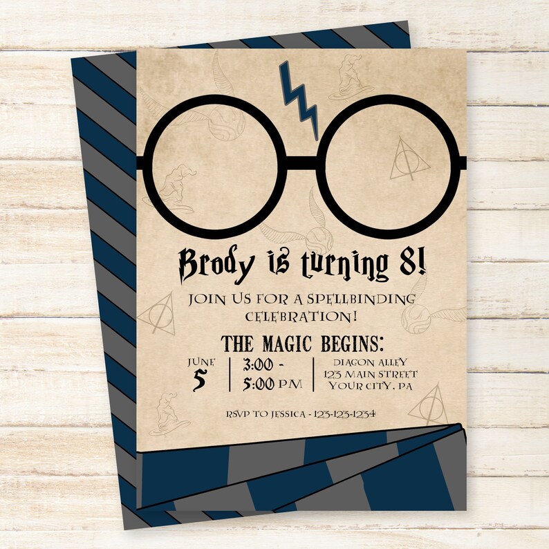 May include: A Harry Potter themed birthday party invitation with a pair of round glasses and a lightning bolt. The invitation says "Brody is turning 8!" and includes the date, time, and location of the party.