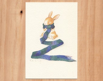 Illustration aquarelle - « Le lapin à l'écharpe » - carte postale