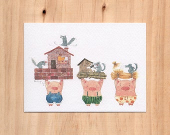 Illustration aquarelle - « Les trois petits cochons » - carte postale