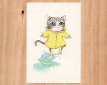 Illustration aquarelle - « Le chat un jour de pluie » - carte postale