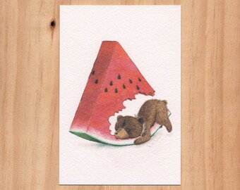 Illustration aquarelle - « L'ours en été » - carte postale