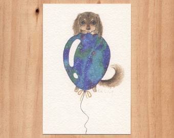 Watercolour illustration - "The Dreaming Puppy" - postcard