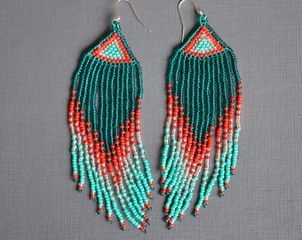 Dangling earrings handmade of Czech seed beads. Hook is of silver-plated metal.