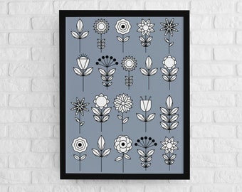 Aesthetic Nordic Flower Folk Art Print, printable wall art, Instant Download, Scandinavian Wall Art, Print for framing,