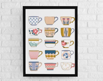 Aesthetic Tea Cup Print, Cute Modern, Patterned teacups,  Instant Download, High Tea, Wall Art, print for framing,