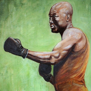 May include: A painting of a boxer wearing a brown tank top and black boxing gloves, standing in a green boxing ring.