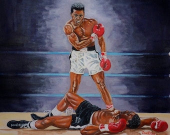 Muhammad Ali v Sonny Liston (2nd fight). Original painting, 25.5&quot; x 22&quot;.