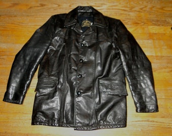 Vintage Black Leather Jacket Car Coat 70s Sz 40