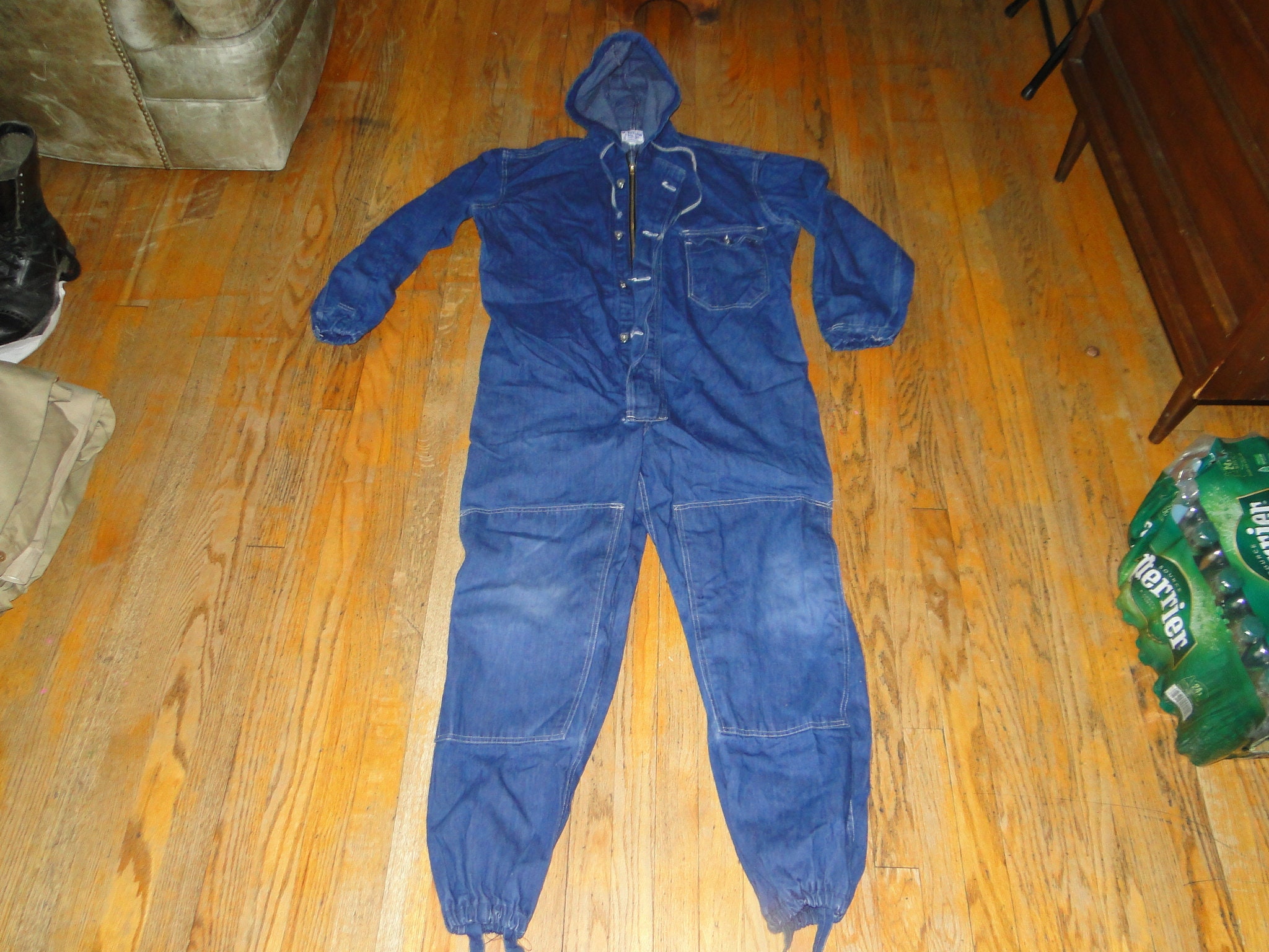 Vintage Rare Hooded Denim Coveralls Overalls Work Size. 42
