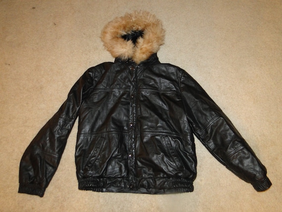 Vintage Black Leather Jacket Down Puffer 80s-90s S