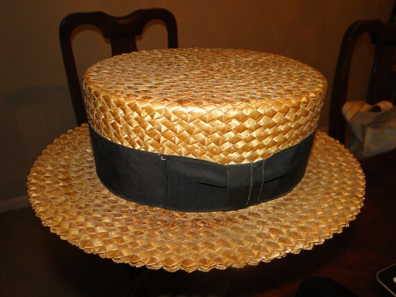 Vintage Antique 1920's Skimmer Boater Straw Hat G… - image 1