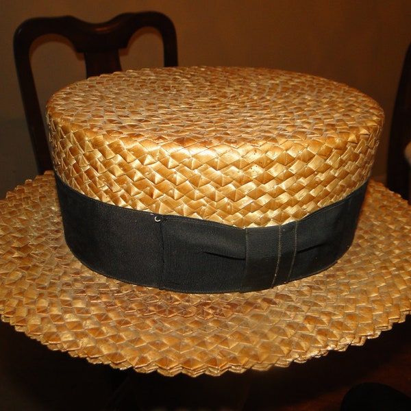 Vintage Antique 1920's Skimmer Boater Straw Hat Great Gatsby ROYAL PALM