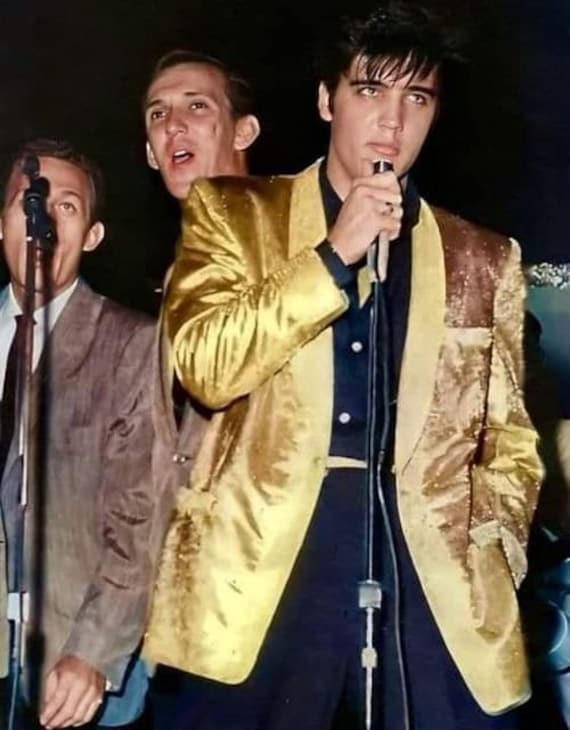 1957 Elvis on Stage in Hawaii Wearing His Famous Gold Lame Jacket