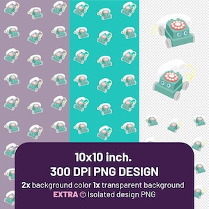 Peut inclure: Un motif numérique avec un motif répétitif de téléphones jouets turquoise avec des combinés blancs et des cadrans rotatifs rouges. Le motif comprend deux couleurs de fond et un fond transparent. Le texte indique : 10x10 pouces. 300 DPI PNG DESIGN.