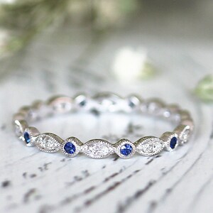 14k White Gold Round Cut Natural Diamonds And Natural Sapphire Wedding Ring Promise Ring Engagement Ring Promise Ring