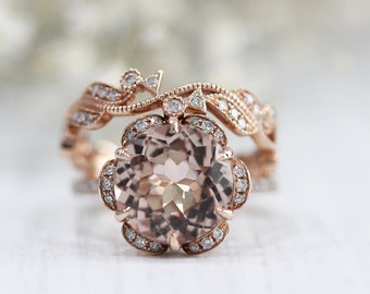 Vintage 2PCS Round Cut 9mm Morganite Ring Set Engagement Ring Bridal Ring 14K Rose Gold Diamond Ring Anniversary Ring