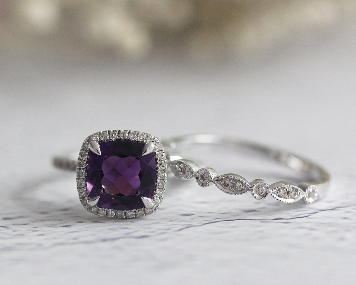 Cushion Cut Amethyst Ring Sets 8mm Solid 14K White Gold - Etsy