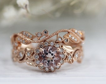 Vintage Natural Morganite Ring Set 6mm Round Cut Diamond Ring Anniversary Ring Engagement Ring 14K Rose Gold Ring