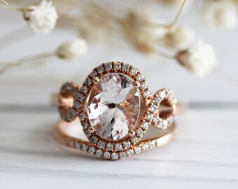 Natural Engagement Ring Morganite Ring Set Oval Cut 7*9mm 14K Rose Gold Diamond Halo Ring Anniversary Ring
