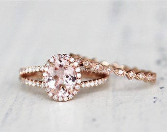 14K Rose Gold Natural Morganite Ring Set Oval Cut 7*9mm Diamond Wedding Ring Engagement Ring Diamond Halo Ring Anniversary Ring Set