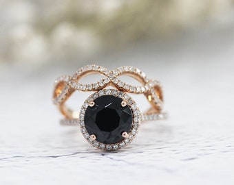 Black Spinel Ring Set Round Cut 8mm 14K Rose Gold Diamond Ring Bridal Ring Anniversary Ring