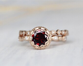 Natural Red Garnet Ring Set 14K Rose Gold Round Cut 7mm Diamond Ring Set Engagement Anniversary Ring Set Promise Ring Wedding Ring Set
