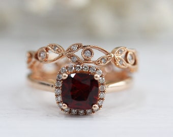 Elegant Natural Red Garnet Ring Set Cushion Cut 6mm 14K Rose Gold Diamond Ring Engagement Ring Anniversary Ring Promise Ring