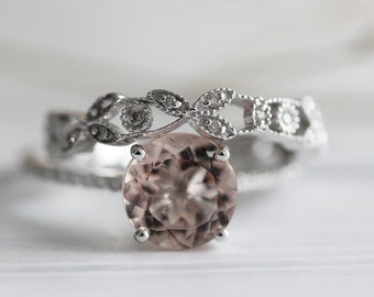 Fancy Natural Pink Morganite Ring Set Round Cut 8mm Engagement Ring 14K White Gold Diamond Ring Anniversary Ring