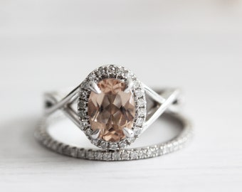 Oval Cut 6*8mm Natural Peach Morganite Ring Set 14K White Gold Engagement Ring Diamond Halo Ring Anniversary Ring