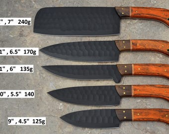 Ensemble de couteaux de chef en silex à haute teneur en carbone, couteaux de cuisine, cadeau de Noël, 5 couteaux de luxe faits main pour elle, lui, cadeau de mariage, cadeau d'anniversaire