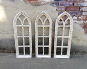 34 quot Cottage Window Frame, Arch Window, Wood Window, Decorative Window, Distressed White, Wall Decor, Wall Hanging, Farmhouse, Shabby Chic