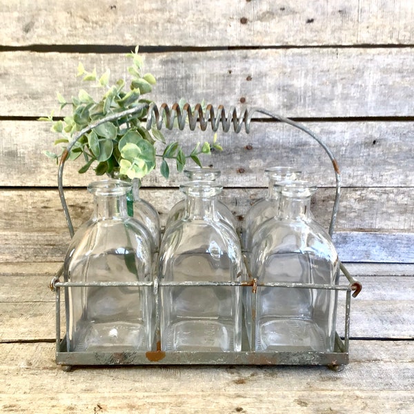 6 Clear Glass Square Bottles w Wire Carry Case