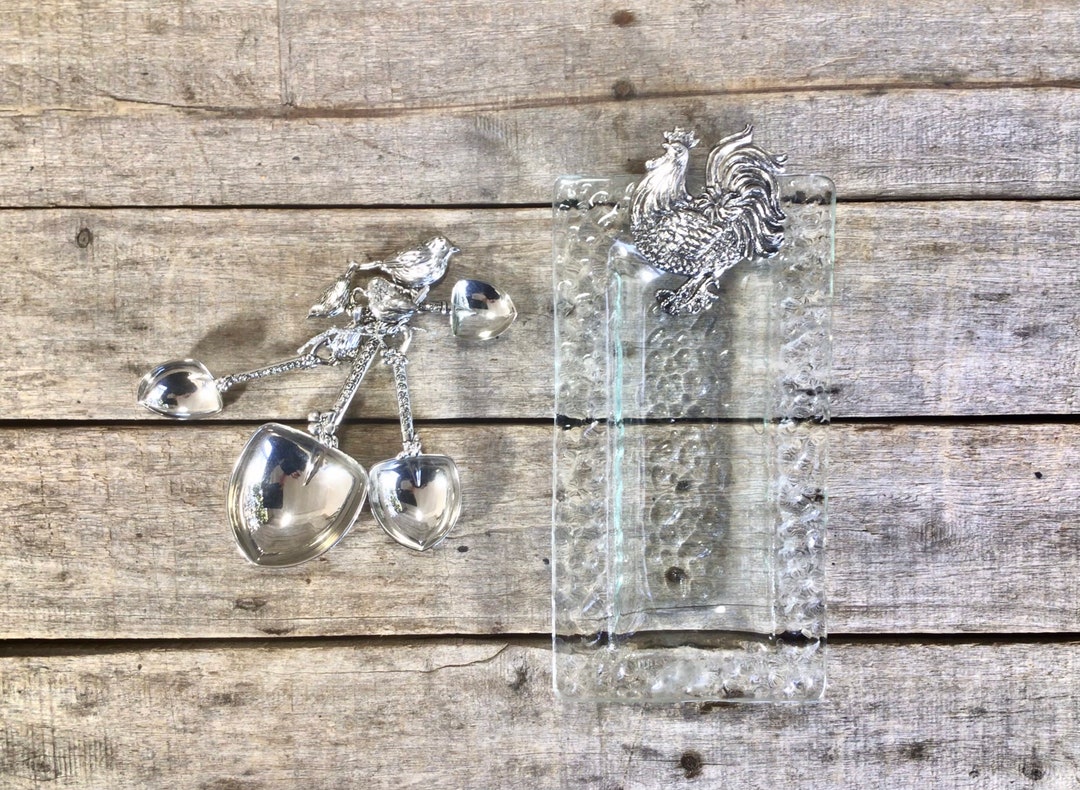 Decorative Butter Dish and Measuring Spoon Set Metal Rooster & Birds