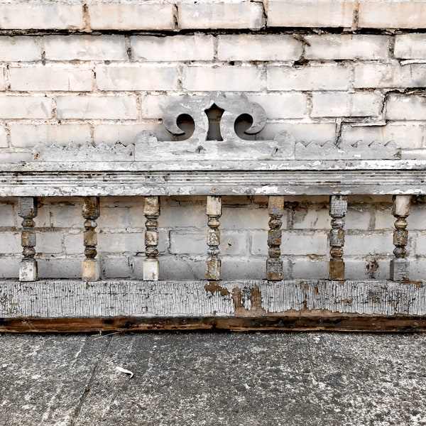 54” Architectural Salvage Antique Gingerbread Fretwork Distressed Wall Panel Victorian Wood Trim w Turned Balusters Chippy Gray