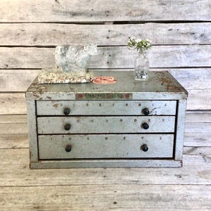 May include: A vintage gray metal cabinet with three drawers, each featuring two black knobs and alphabetical lettering. The top surface displays a weathered stone animal figurine and a small clear glass bottle. The label reads Standard Tool Co.