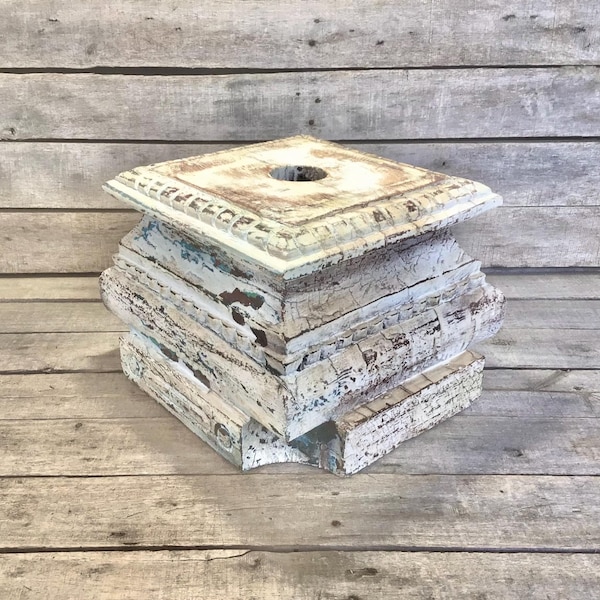 Large Riser Display Pedestal Stand Decorative Lift Distressed White w Blue & Brown Tones