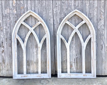 2-31” Arch Cathedral Wood Window Frames, Decorative Windows, Distressed White, Church Windows, Wall Decor, French Country, Shabby Chic