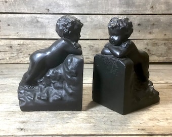 Vintage Black Bookends, Toddler Figurine Book Holders