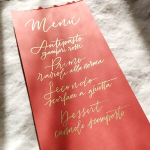 Menù matrimonio - menù calligrafico - menù scritto a mano rosso e oro