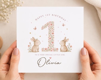 Personalised Baby Girl 1st Birthday Card, Bunnie, Flowers and Butterflies Baby Greeting