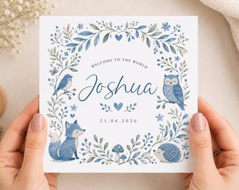 Personalised Baby Boy Welcome Card, Newborn Forest Animal Design, Kraft Envelope