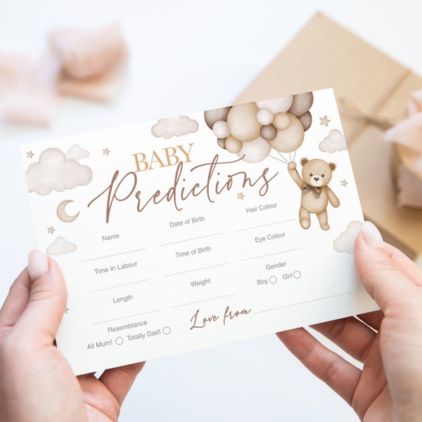 Bear Baby Shower Prediction Cards: Neutral Teddy Theme