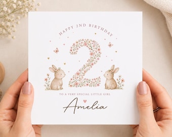Personalised Baby Girl 2nd Birthday Card, Bunnie, Flowers and Butterflies Baby Greeting
