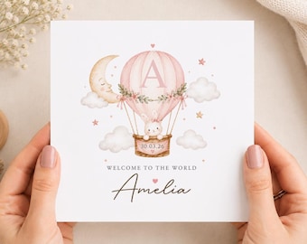 Personalised Baby Girl Welcome Card, Hot Air Balloon Bunny Design