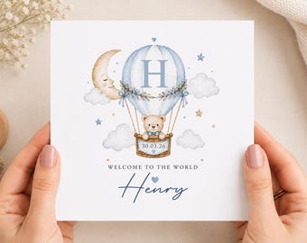 Personalised Baby Boy Welcome Card, Hot Air Balloon Bear Design, Kraft Envelope