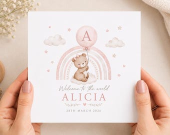 Personalised Baby Girl Card, Welcome To The World Bear Rainbow Design