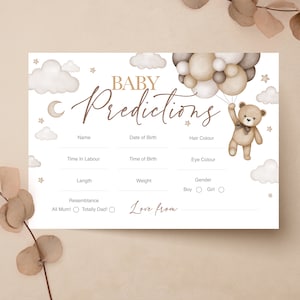 Baby Predictions, Bear Neutral Baby Shower Game, Predictions Cards Teddy, Baby Shower Game Balloons Bear Cloud B03