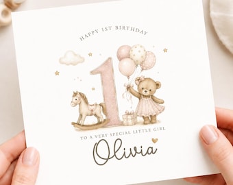 Personalised Baby Girl 1st Birthday Card, Bear and Rocking Horse Baby Greeting